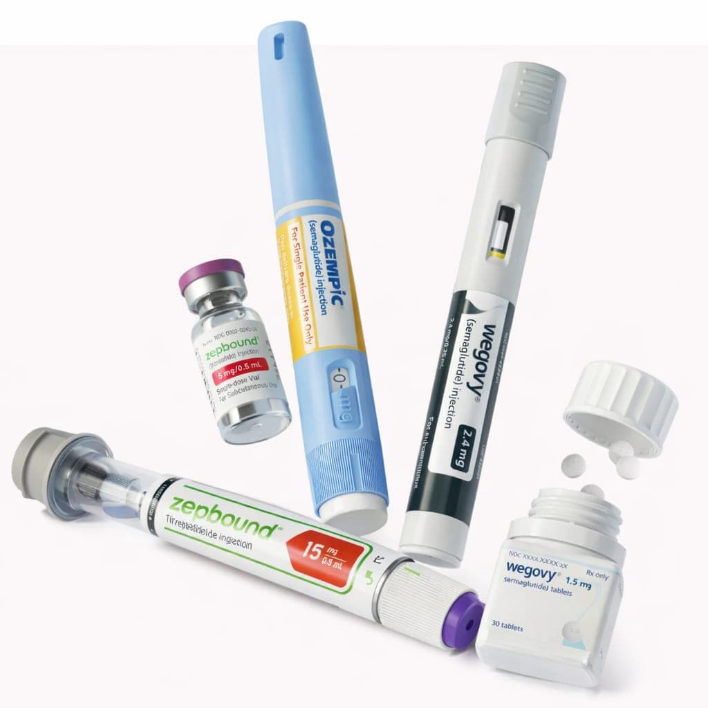 Brand-name GLP-1 medications · Ozempic, Wegovy, Zepbound, tirzepatide