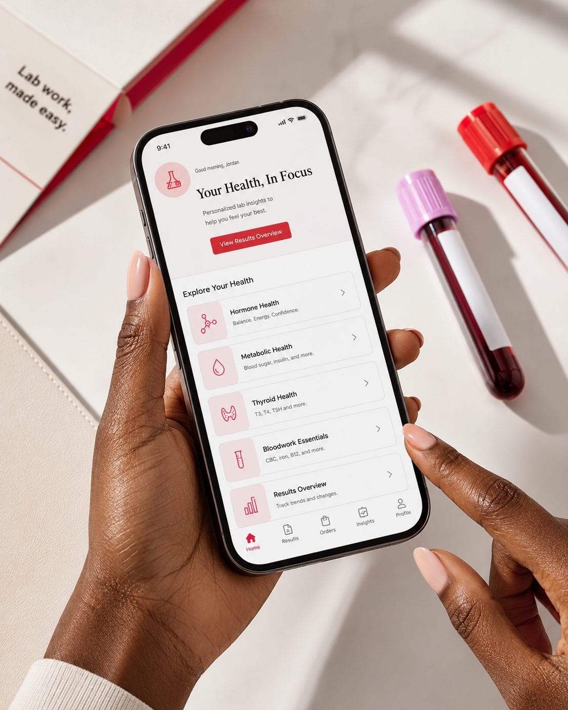 Body Good Labs app showing personalized health categories