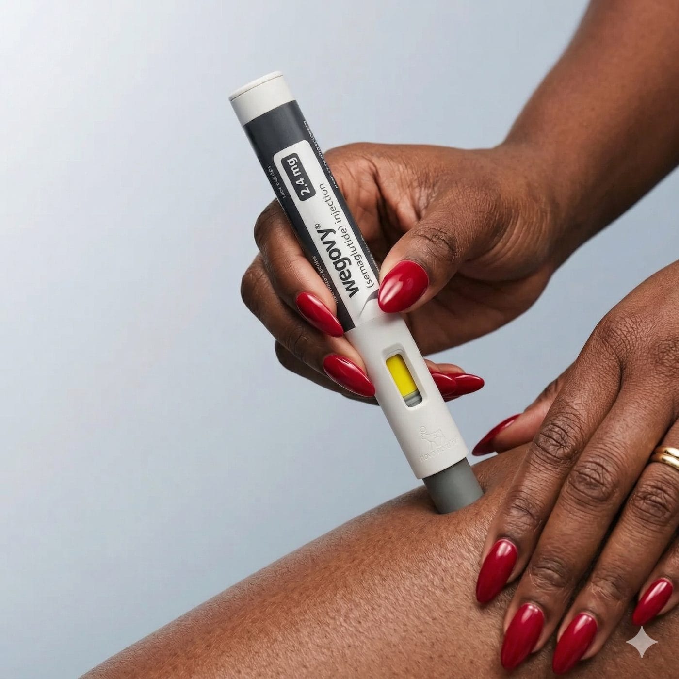 A woman administering a weekly GLP‑1 injection at home