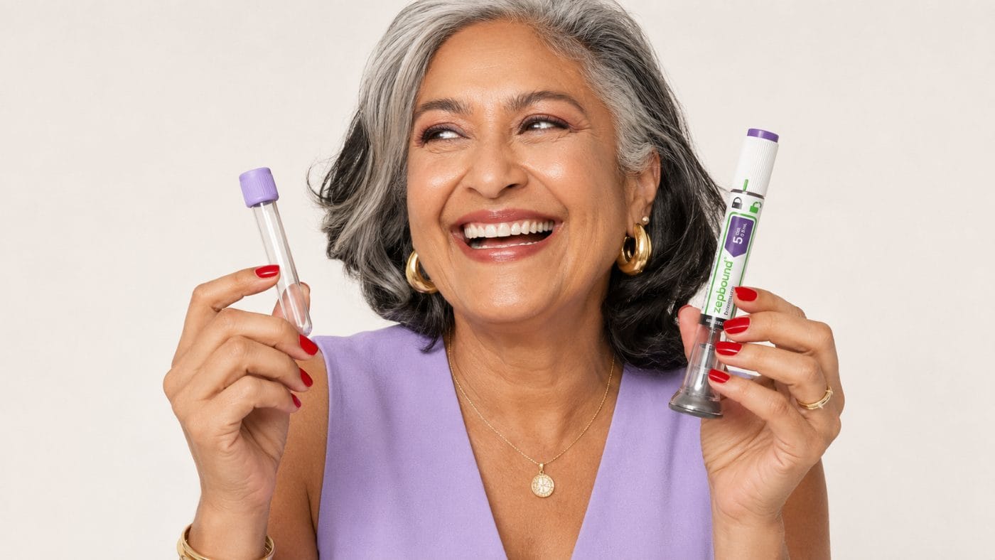A smiling woman holding a lab collection tube and a Zepbound pen