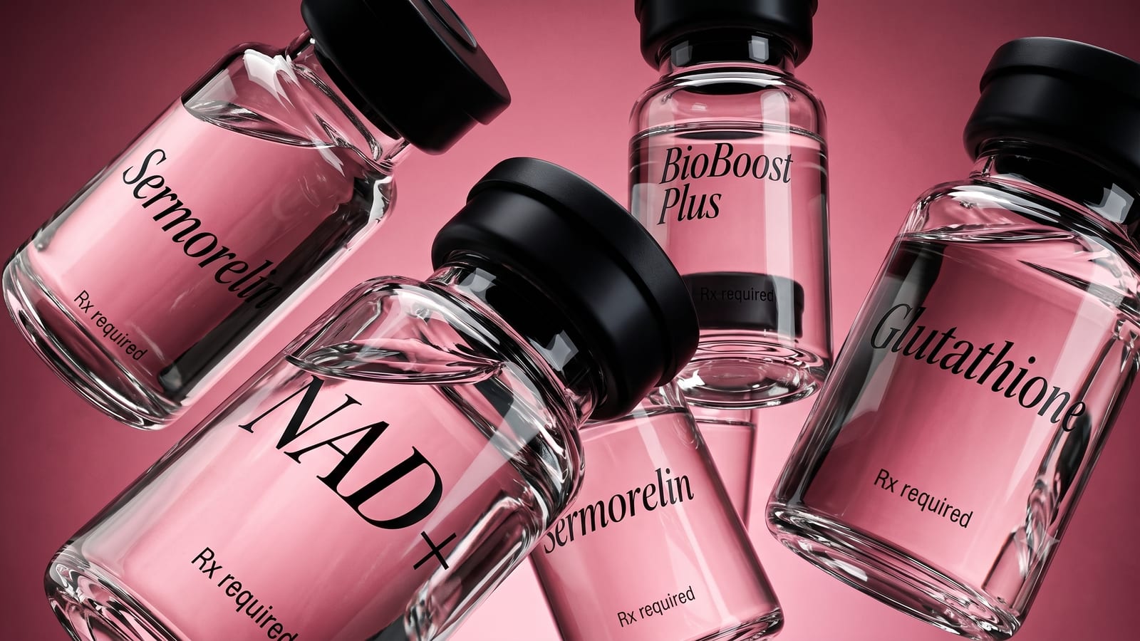 Sermorelin, NAD+, BioBoost Plus, and Glutathione wellness injection vials